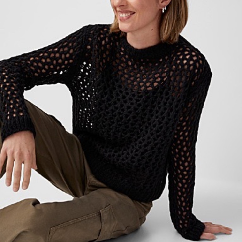 Simons Open Knit Mesh Crew Neck Sweater Black Women's Size XS/S